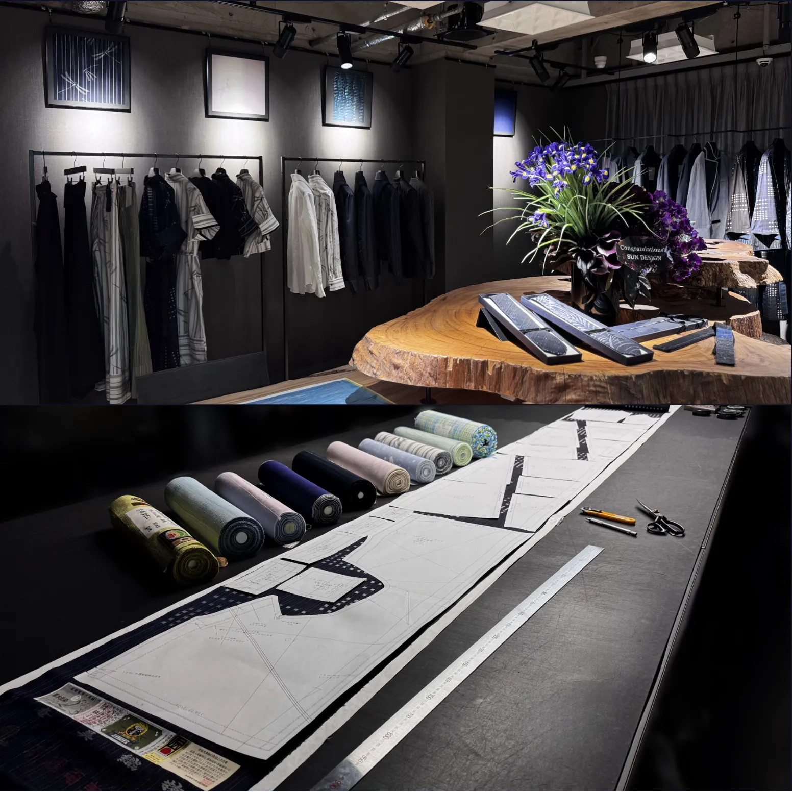 上下に二枚の写真を組み合わせた一枚の画像。上段には黒い空間に置かれた大きな木のテーブルと白い花をつけた枝が映り. 下段には反物と型紙が長い作業台に並び和服づくりの工程を示している。